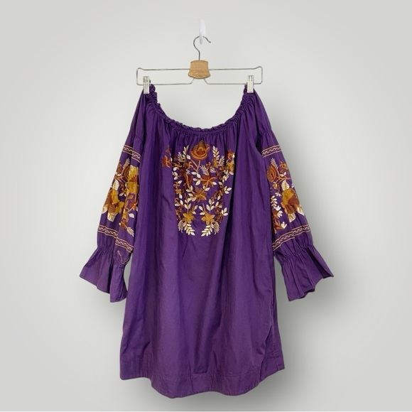 FREE PEOPLE FLEUR DU JOUR OFF-THE-SHOULDER EMBROIDERY DRESS PURPLE Sz L - Picture 2 of 13